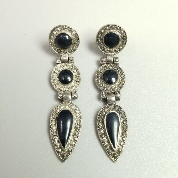 Vintage Black and Silver Tone Dangle Stud Earrings, 80s 90s Style, Estate - Picture 2 of 6